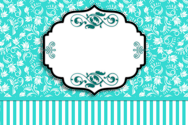 Moldura Convite e Cartão  Azul Tiffany Floral e Listras: