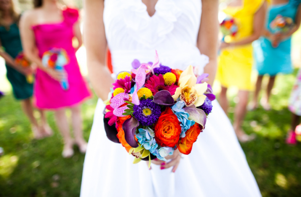 vibrant bright bridal bouquets colorful mix and match bridesmaid dresses