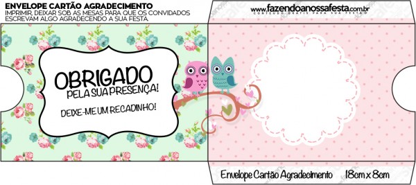 Envelope Convite Cartão Agradecimento Corujinha Vintage Rosa e Verde