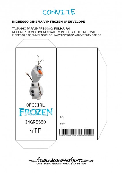 Envelope Convite Frozen Ingresso Cinema Olaf