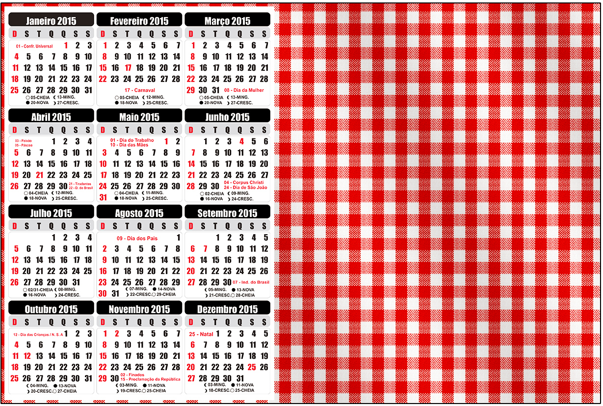 Calendário Fundo Xadrez Vermelho e Poá - Fazendo a Nossa Festa