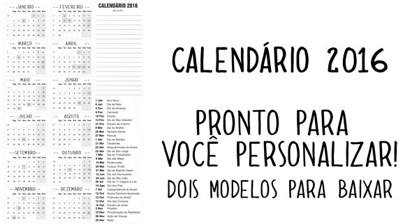 calendário 2016 para personalizar e imprimir