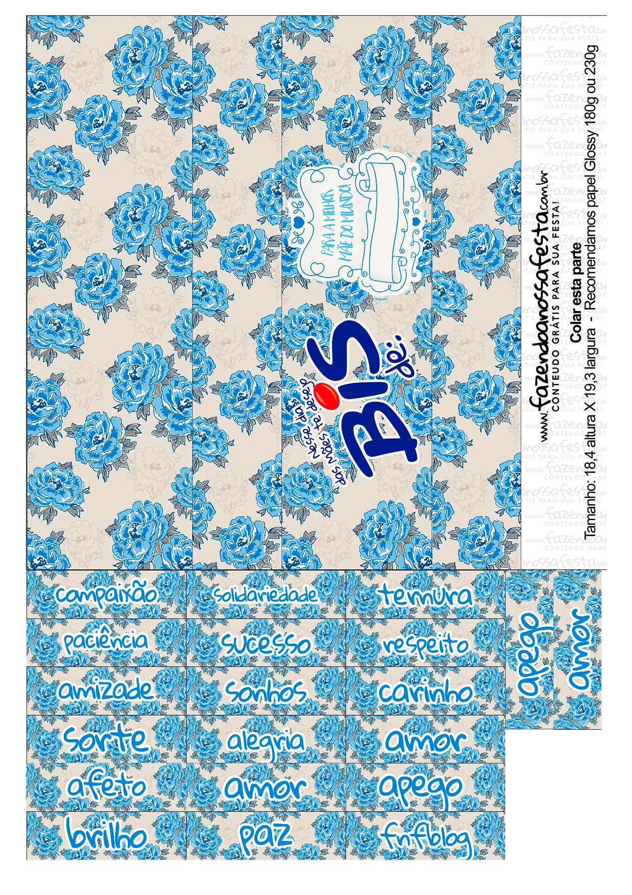 Folha A4 Pronta para Imprimir Caixa Bis Dia das Mães Floral Azul
