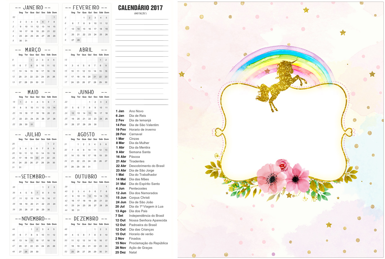 Calendario 2017 2 Unicórnio