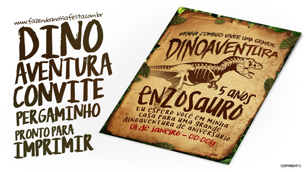 Convite Pergaminho Dinossauro Grátis para Imprimir