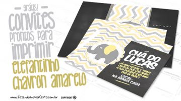 Convite Elefantinho Amarelo e Cinza Chevron Grátis para Imprimir Convite Elefantinho Amarelo e Cinza Chevron Modelo