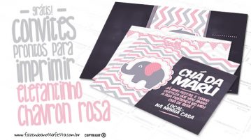 Convite Elefantinho Rosa e Cinza Chevron Grátis para Imprimir Convite Elefantinho Rosa e Cinza Chevron Modelo