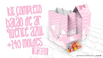 Balão de Ar Quente Rosa Kit Festa Grátis para Imprimir Tag Agradecimento Etiqueta Balão de Ar Quente Rosa