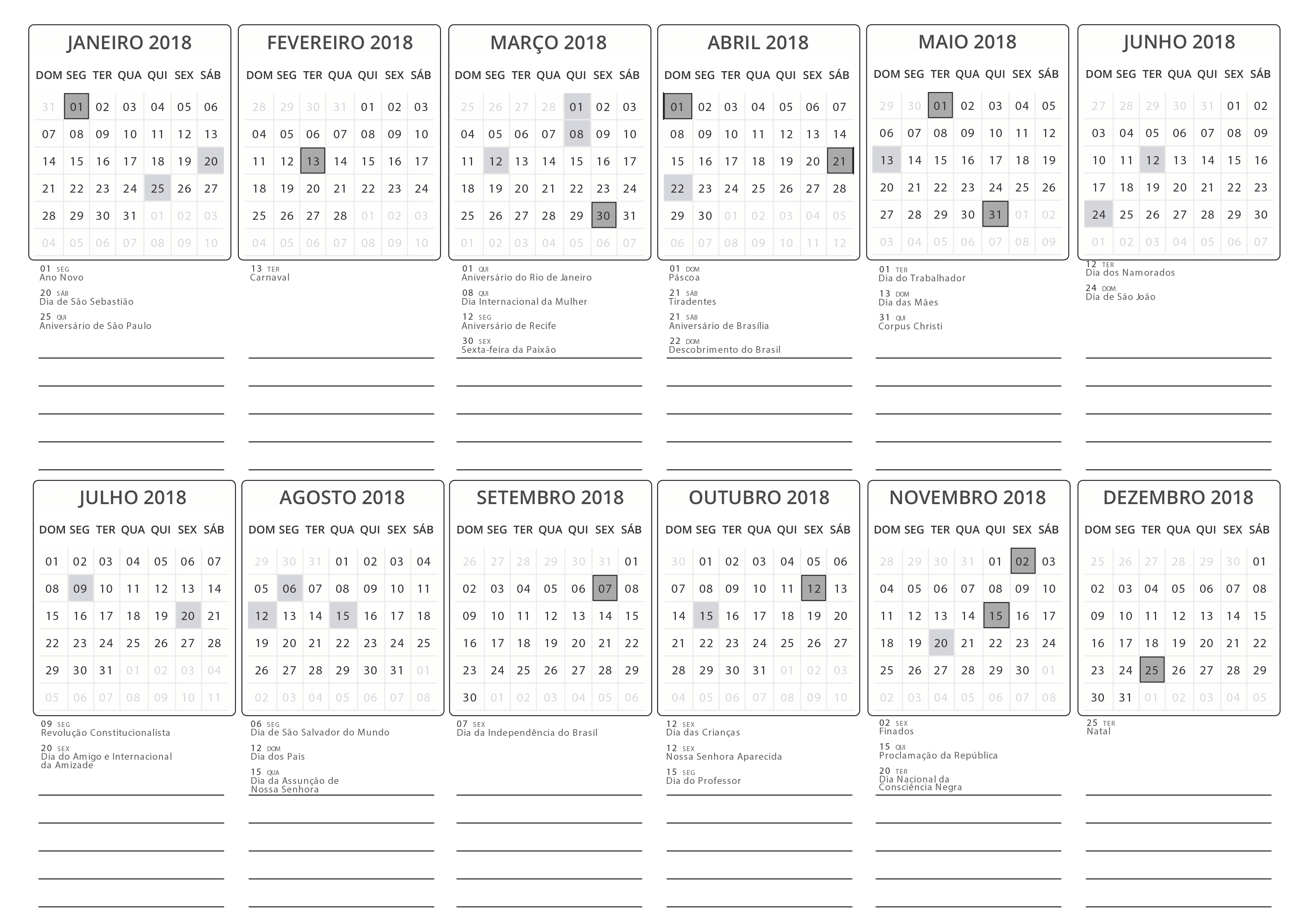 Calendario 2018 para imprimir