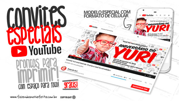 Convite Especial Festa Youtube Grátis para Imprimir e Personalizar