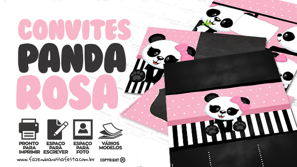 Convite Panda Rosa Grátis para Baixar e Imprimir em Casa