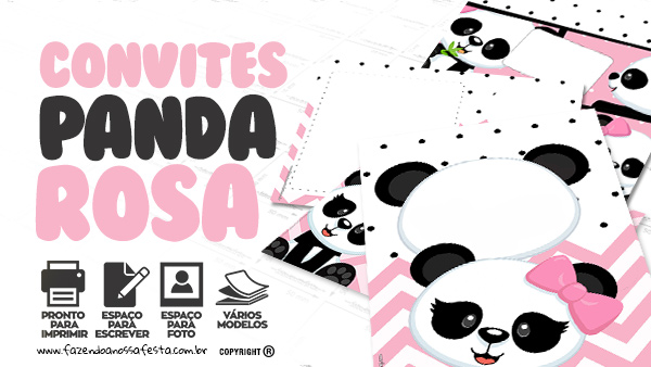 Convite Panda Rosa Menina para Baixar e Imprimir em Casa