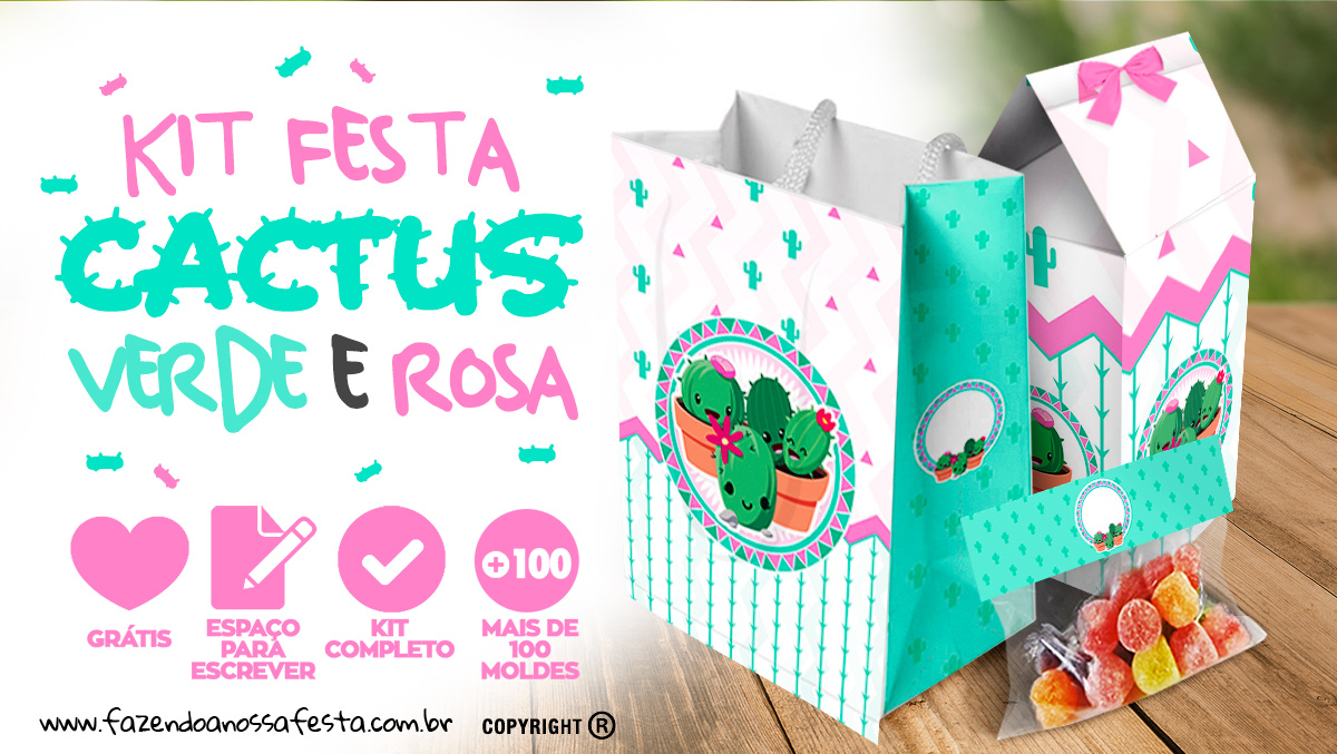 Cactos Rosa Kit Festa Grátis para Baixar e Imprimir em Casa