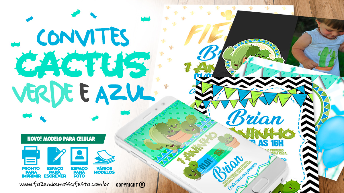 Convite Cactos Azul Gratis para Imprimir