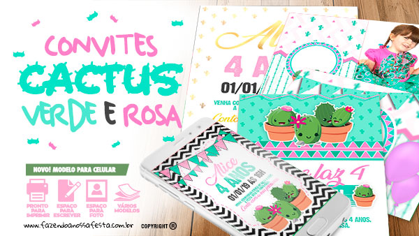 Convite Cactos Rosa Grátis para Personalizar e Imprimir em Casa