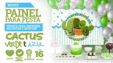 Painel Festa Cactos usando Folhas A4 Molde Grátis para Imprimir Painel Festa Cactos Verde e Azul para Imprimir