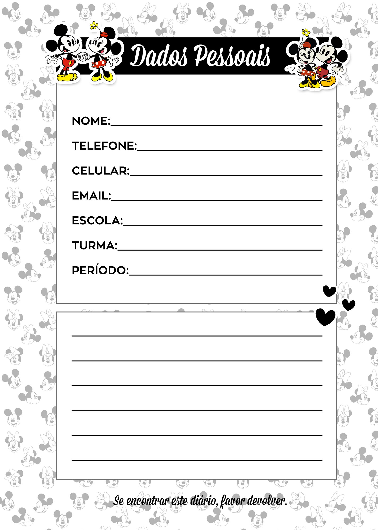 Caderno de Planejamento para professores Dados Pessoais Mickey e Minnie