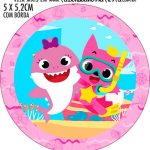 Adesivo redondo personalizado Festa Baby Shark Rosa