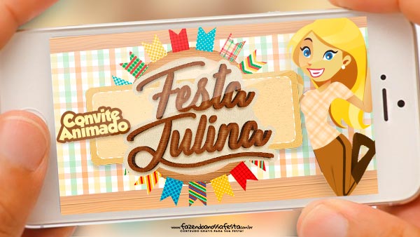 Convite Animado Festa Julina Xadrez Tons Pastéis Grátis para Baixar