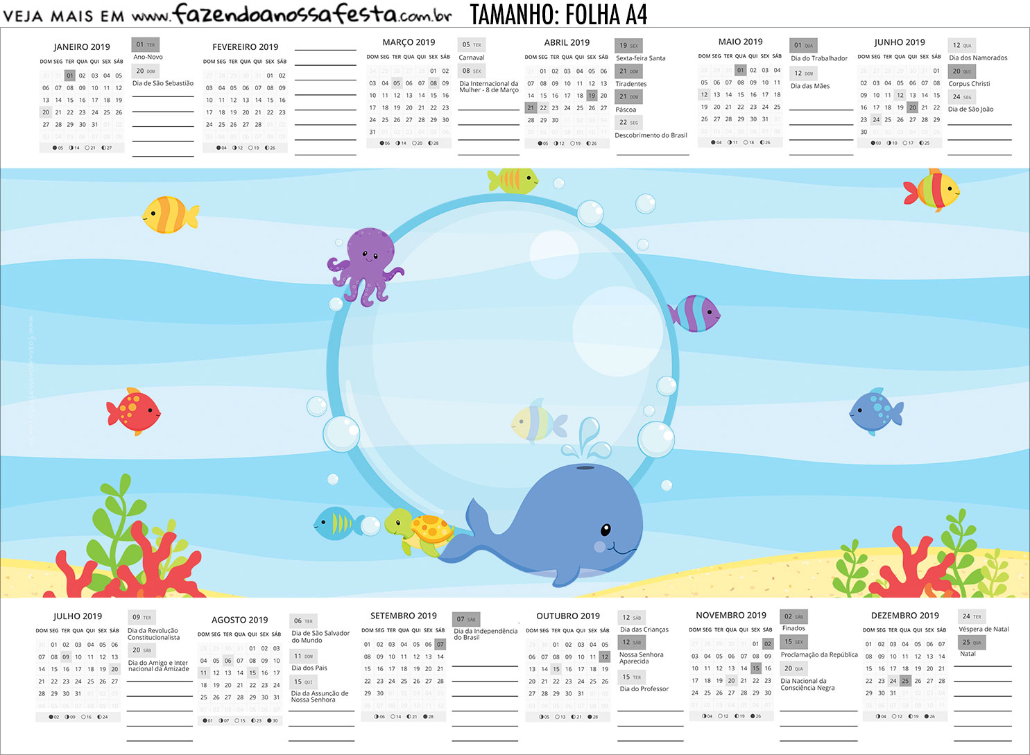 Calendario Personalizado 2019 Fundo do Mar