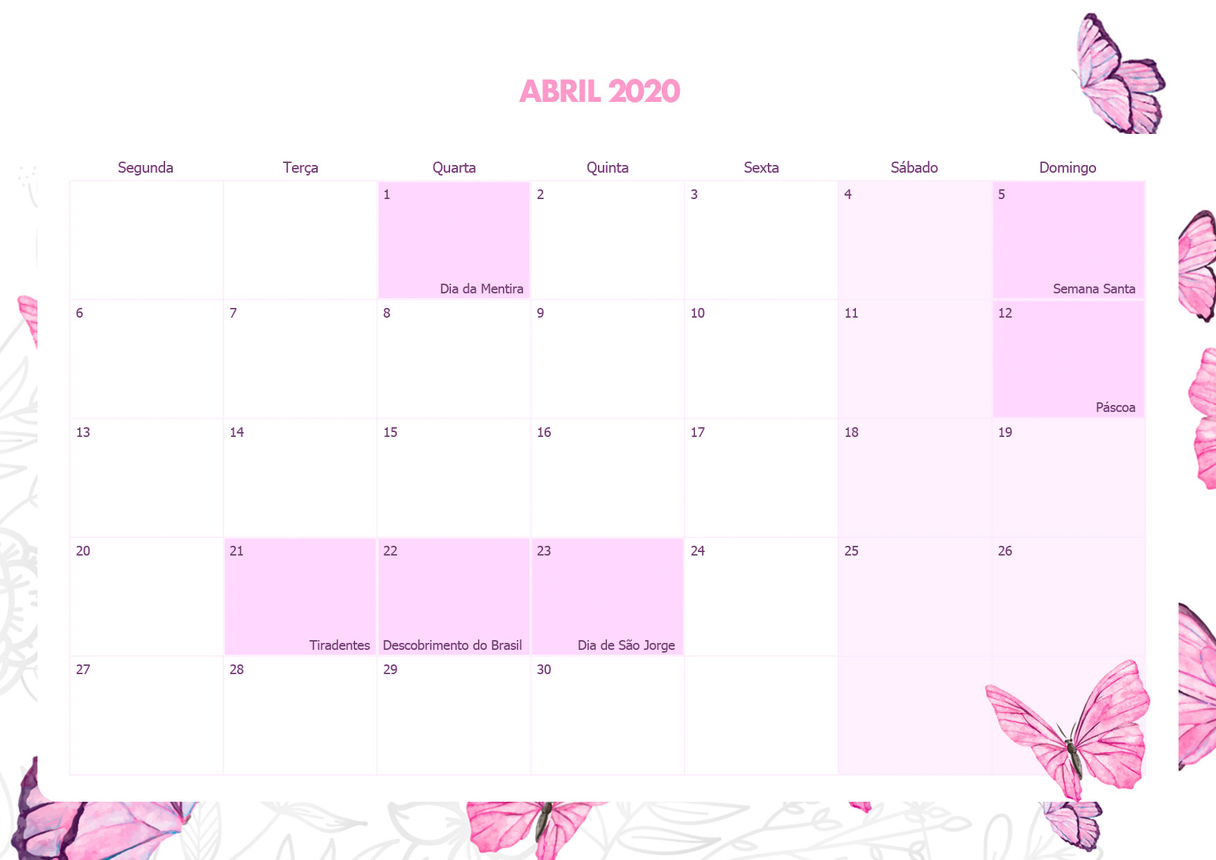 Calendario Mensal Borboletas Abril 2020