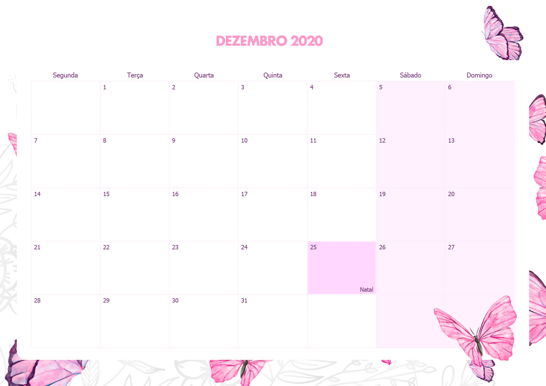 Calendario Mensal Borboletas Dezembro 2020