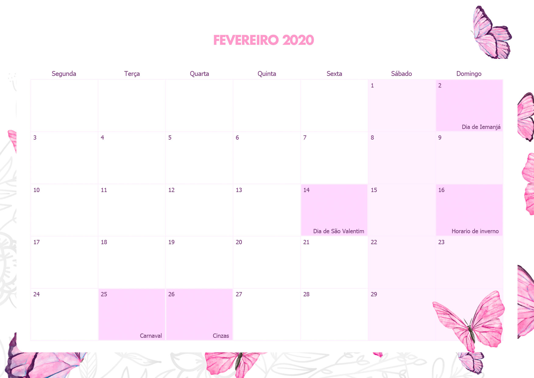 Calendario Mensal Borboletas Fevereiro 2020