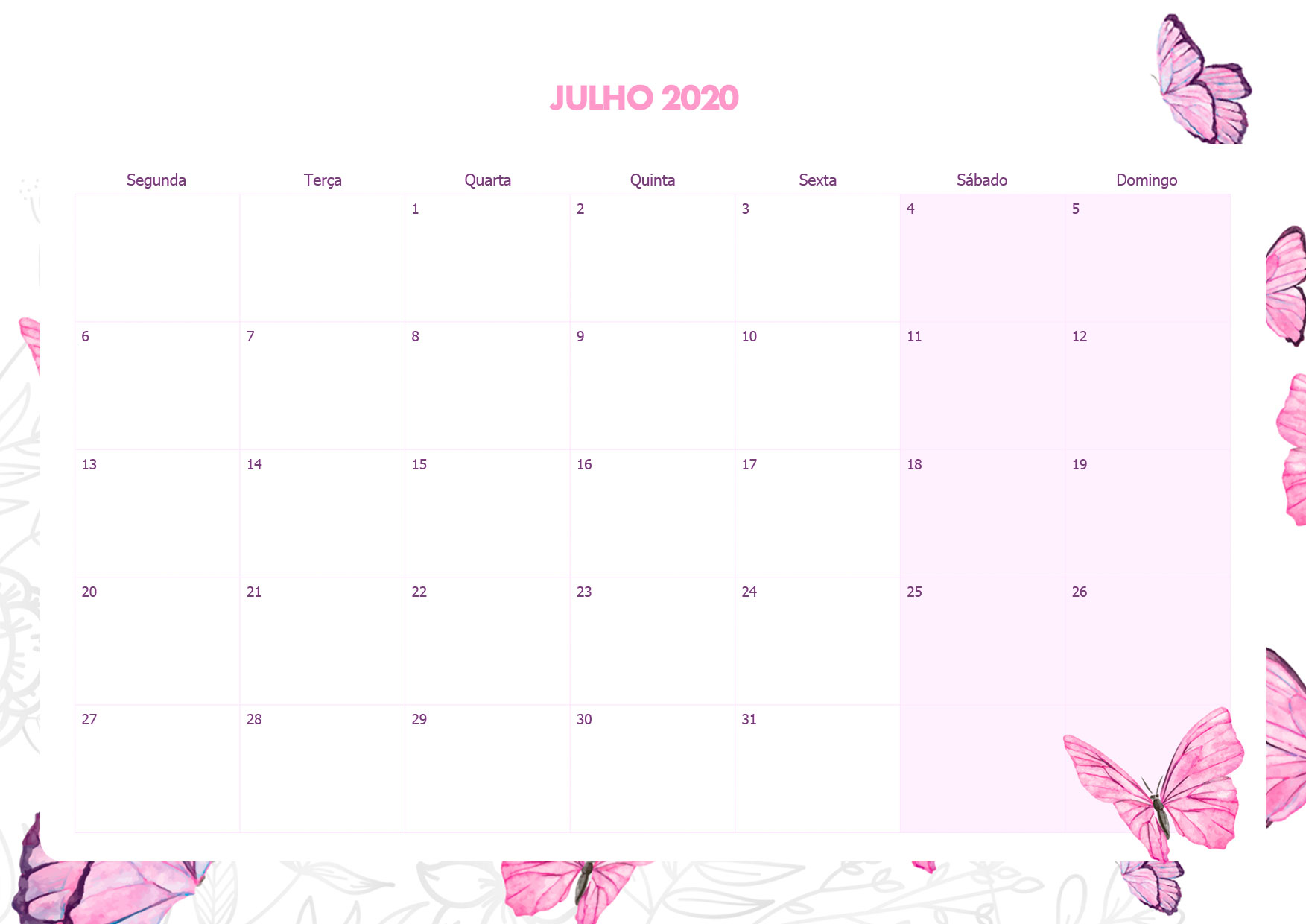 Calendario Mensal Borboletas Julho 2020