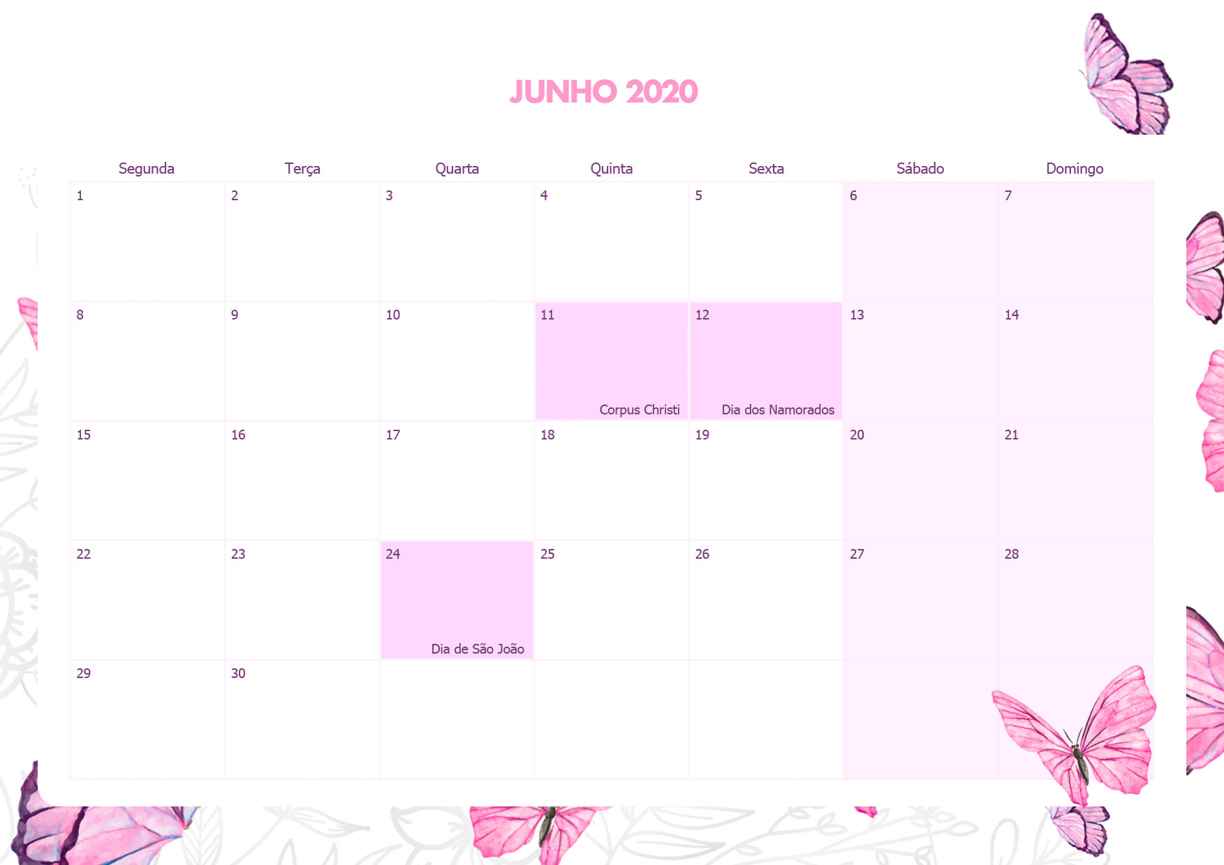Calendario Mensal Borboletas Junho 2020