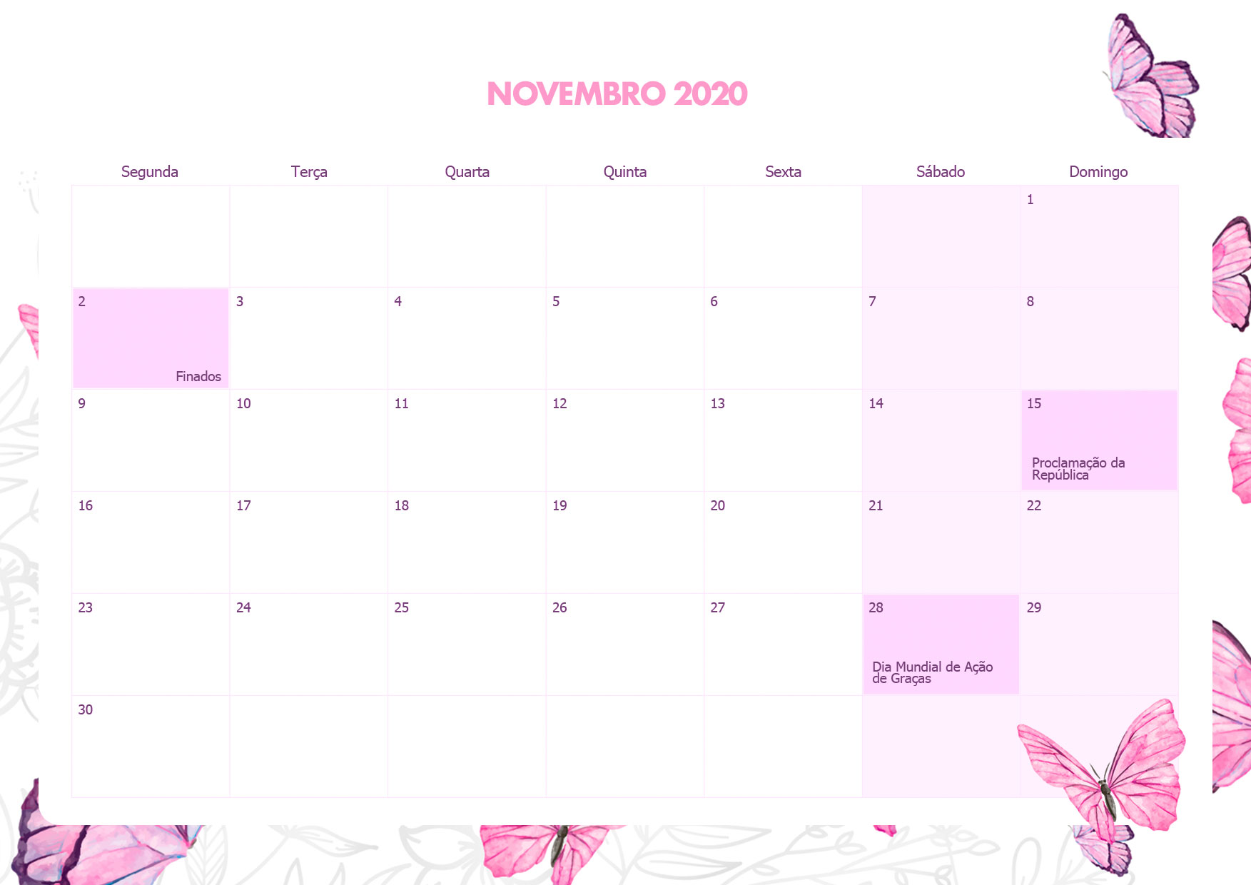 Calendario Mensal Borboletas Novembro 2020