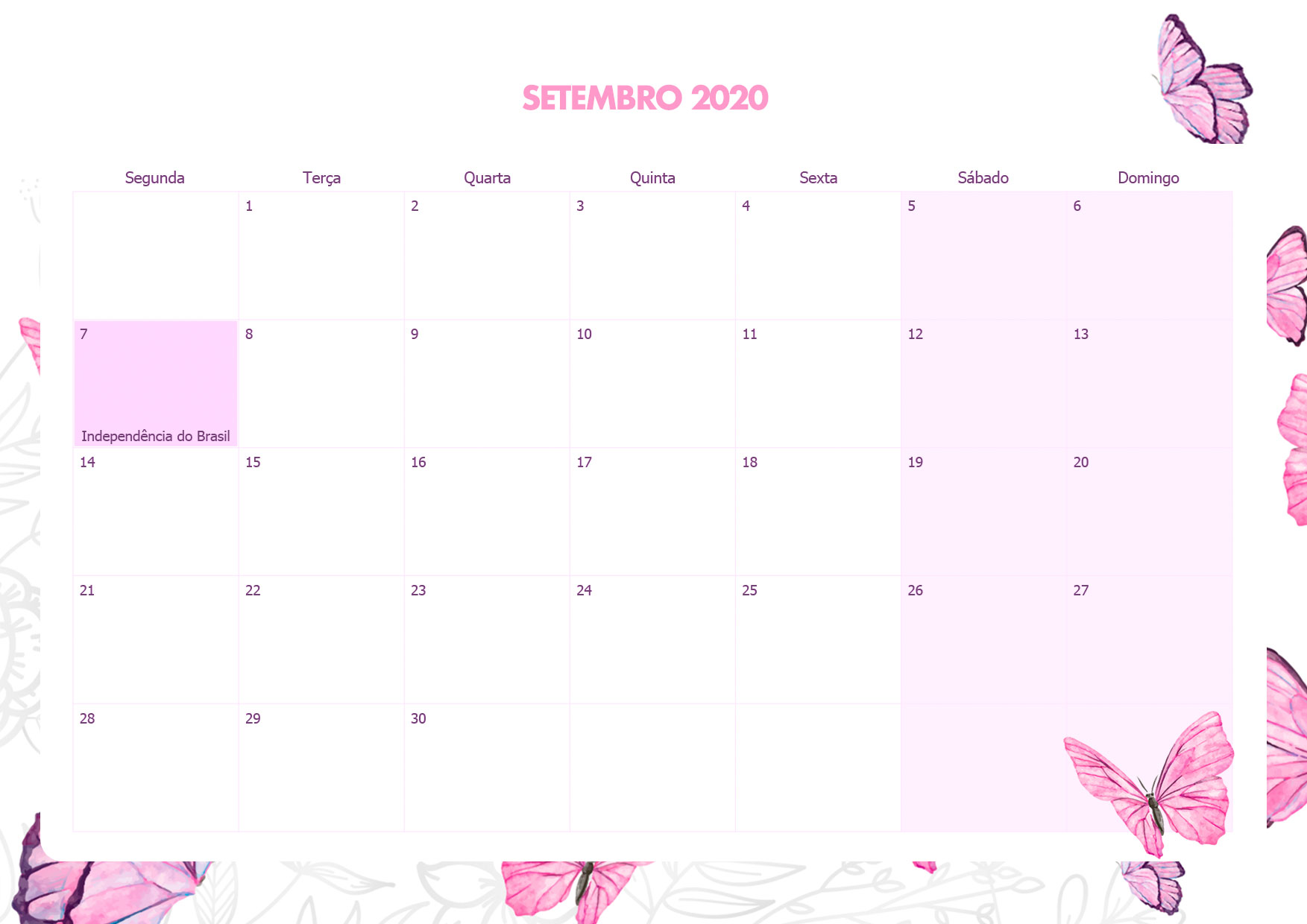 Calendario Mensal Borboletas Setembro 2020