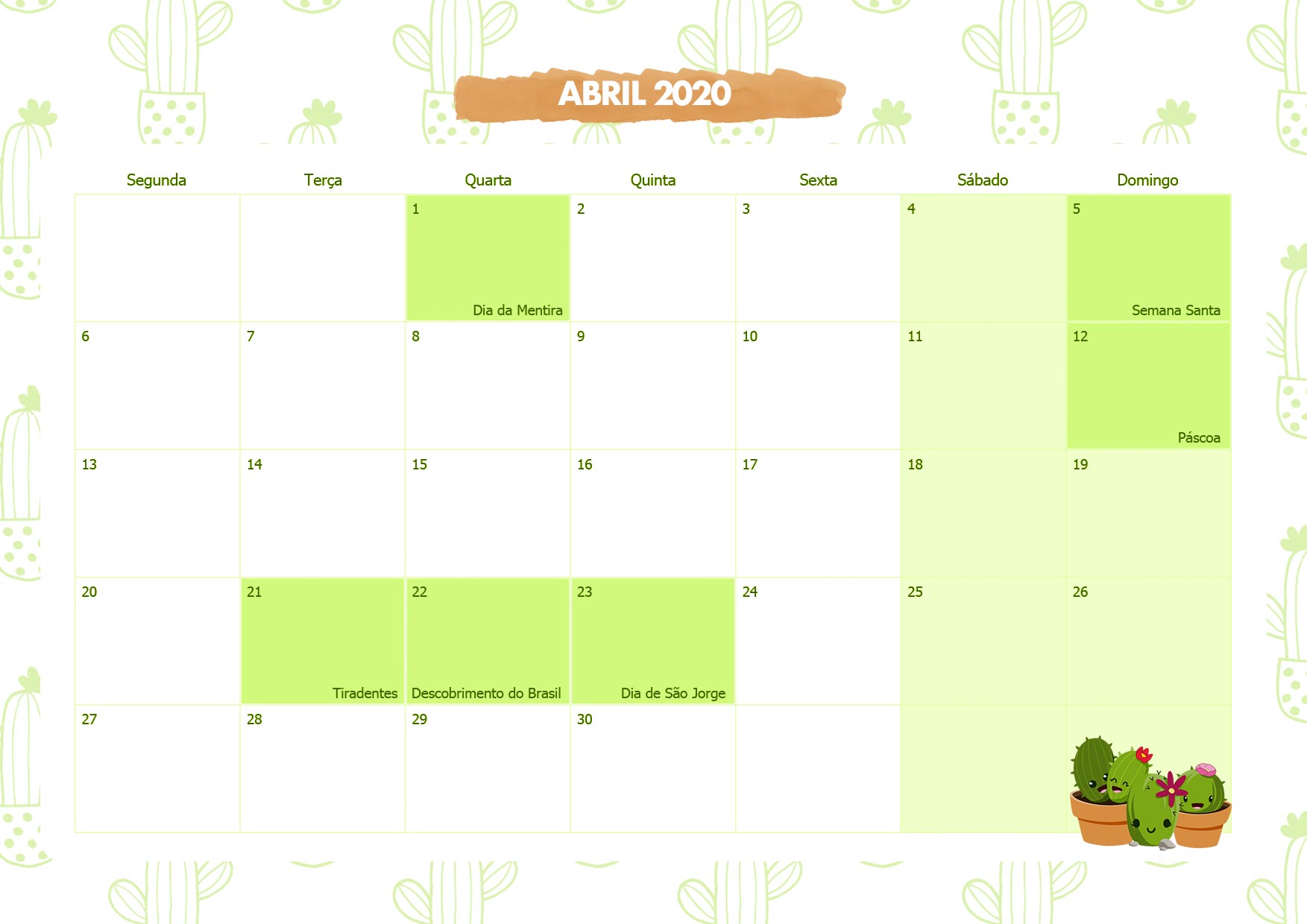 Calendario Mensal Cactos Abril 2020
