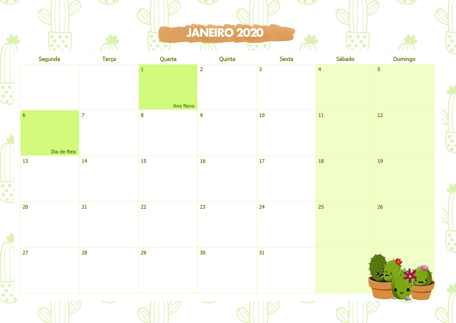 Calendario Mensal Cactos Janeiro 2020
