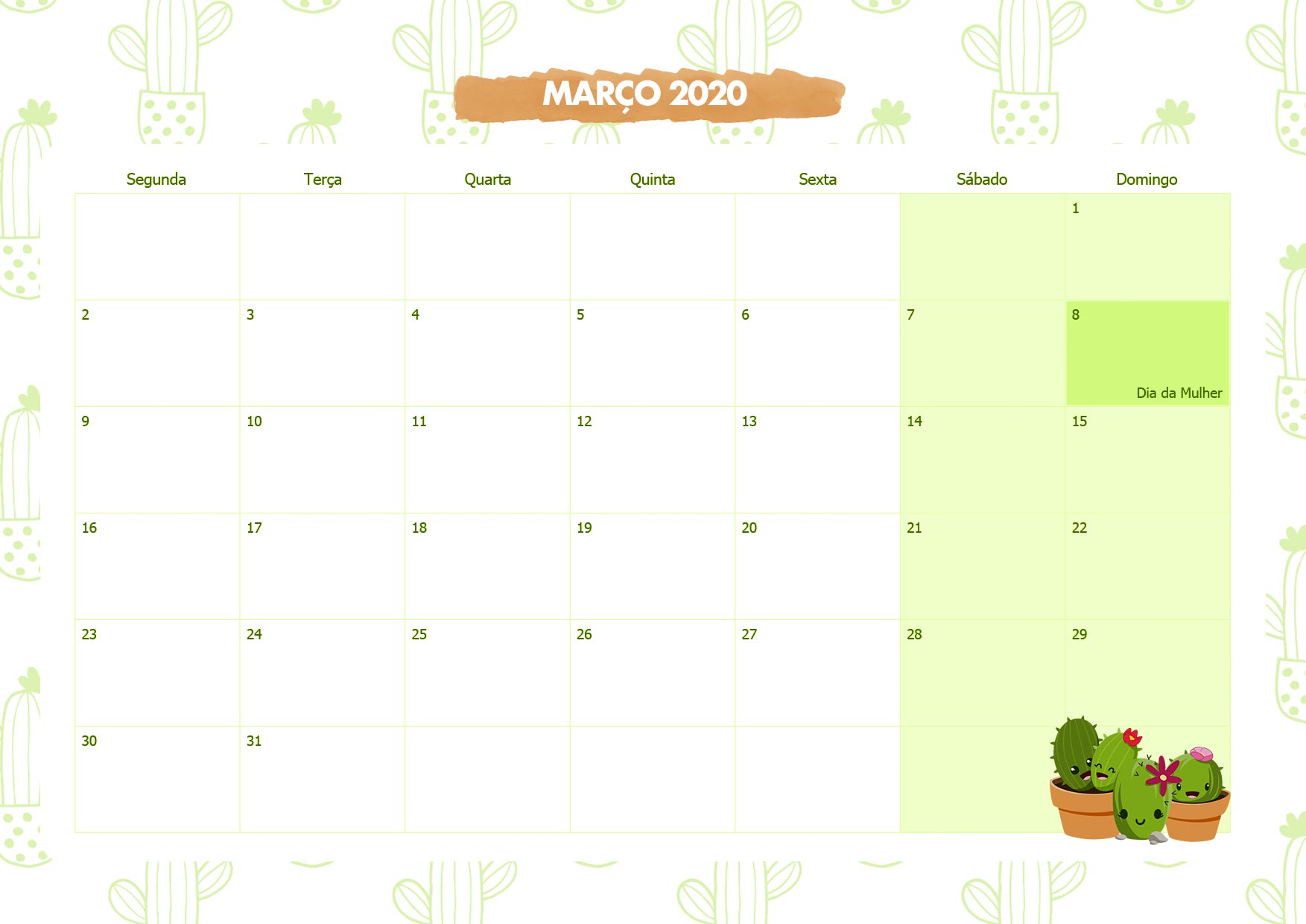 Calendario Mensal Cactos Marco 2020