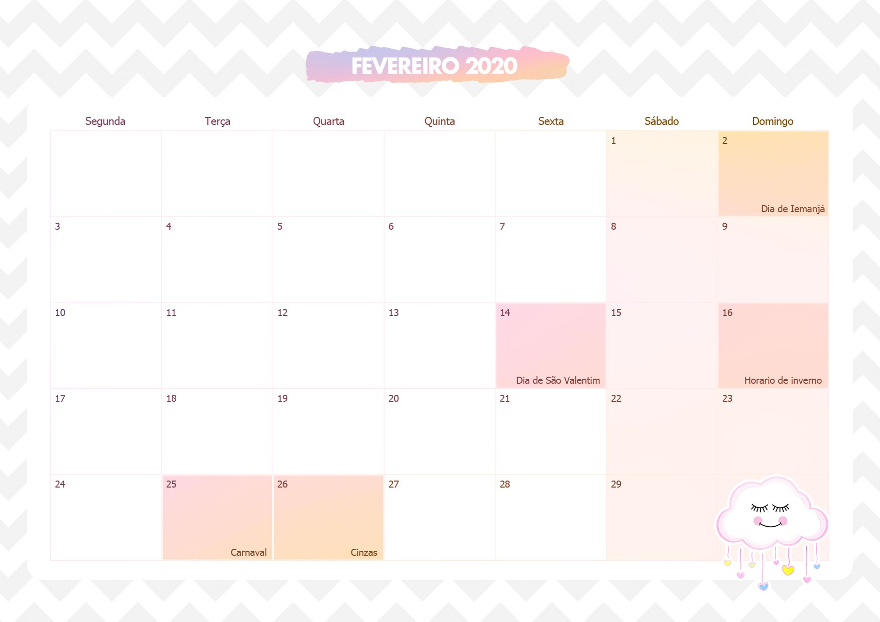 Calendario Mensal Chuva de Amor Fevereiro 2020