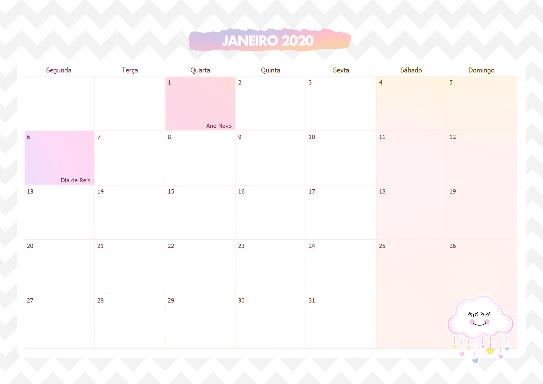 Calendario Mensal Chuva de Amor Janeiro 2020