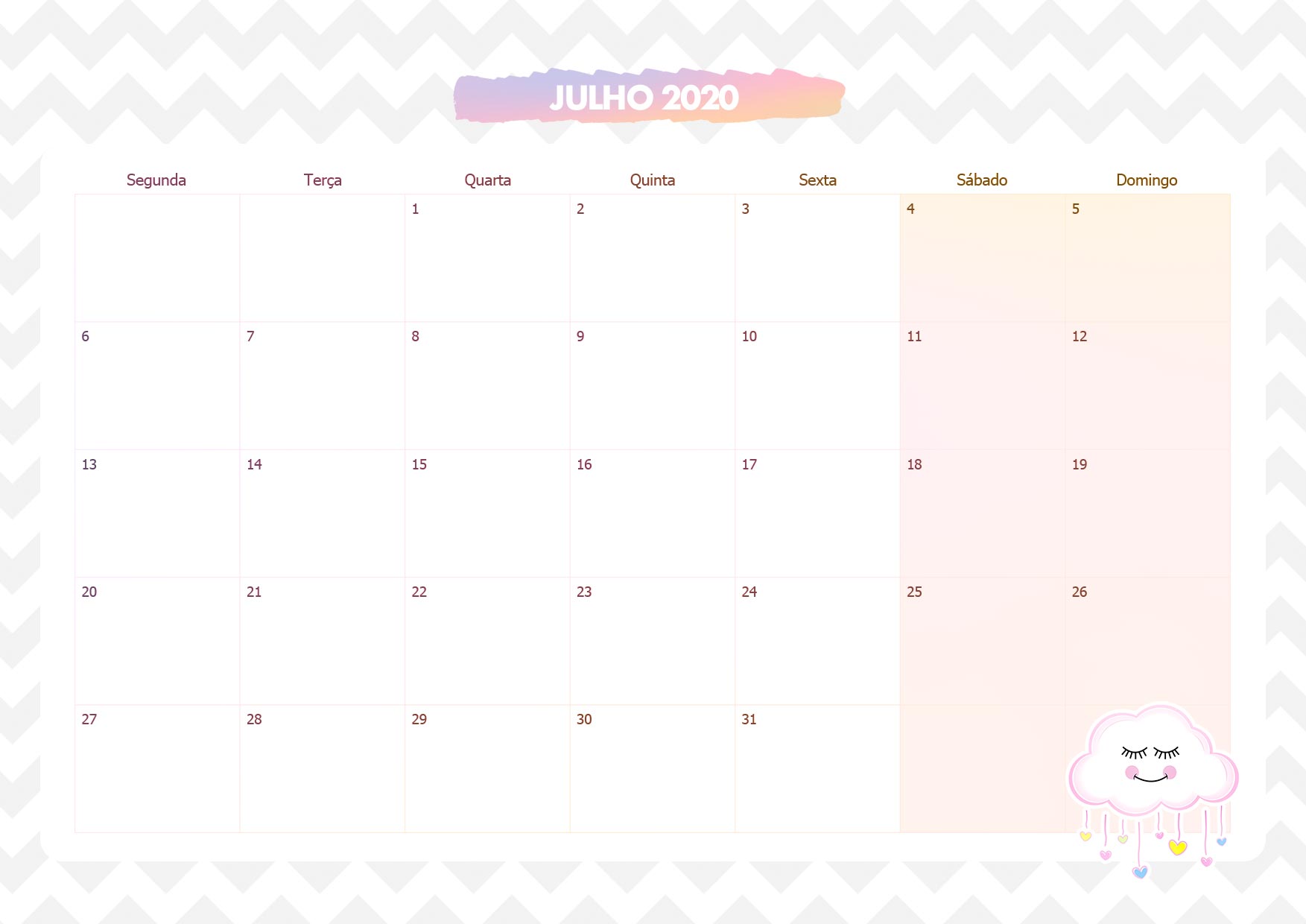 Calendario Mensal Chuva de Amor Julho 2020