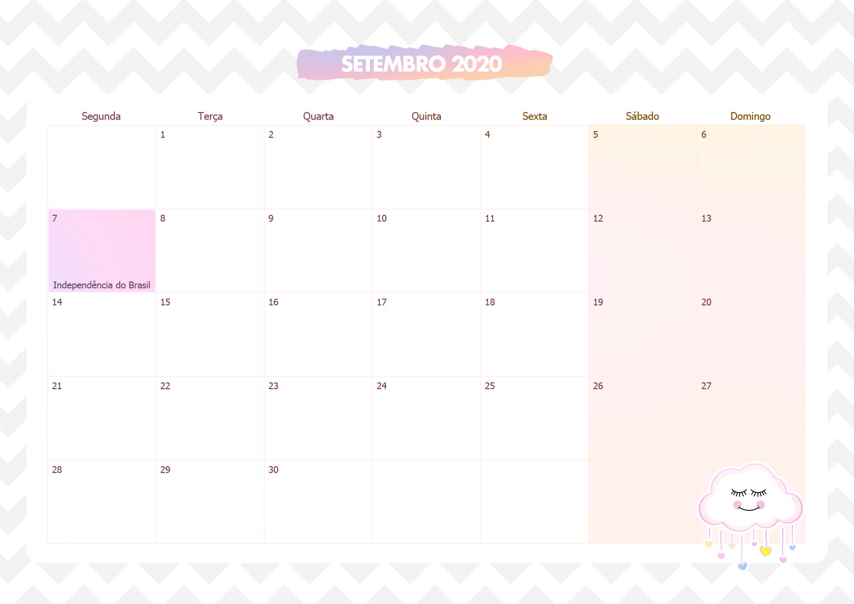 Calendario Mensal Chuva de Amor Setembro 2020