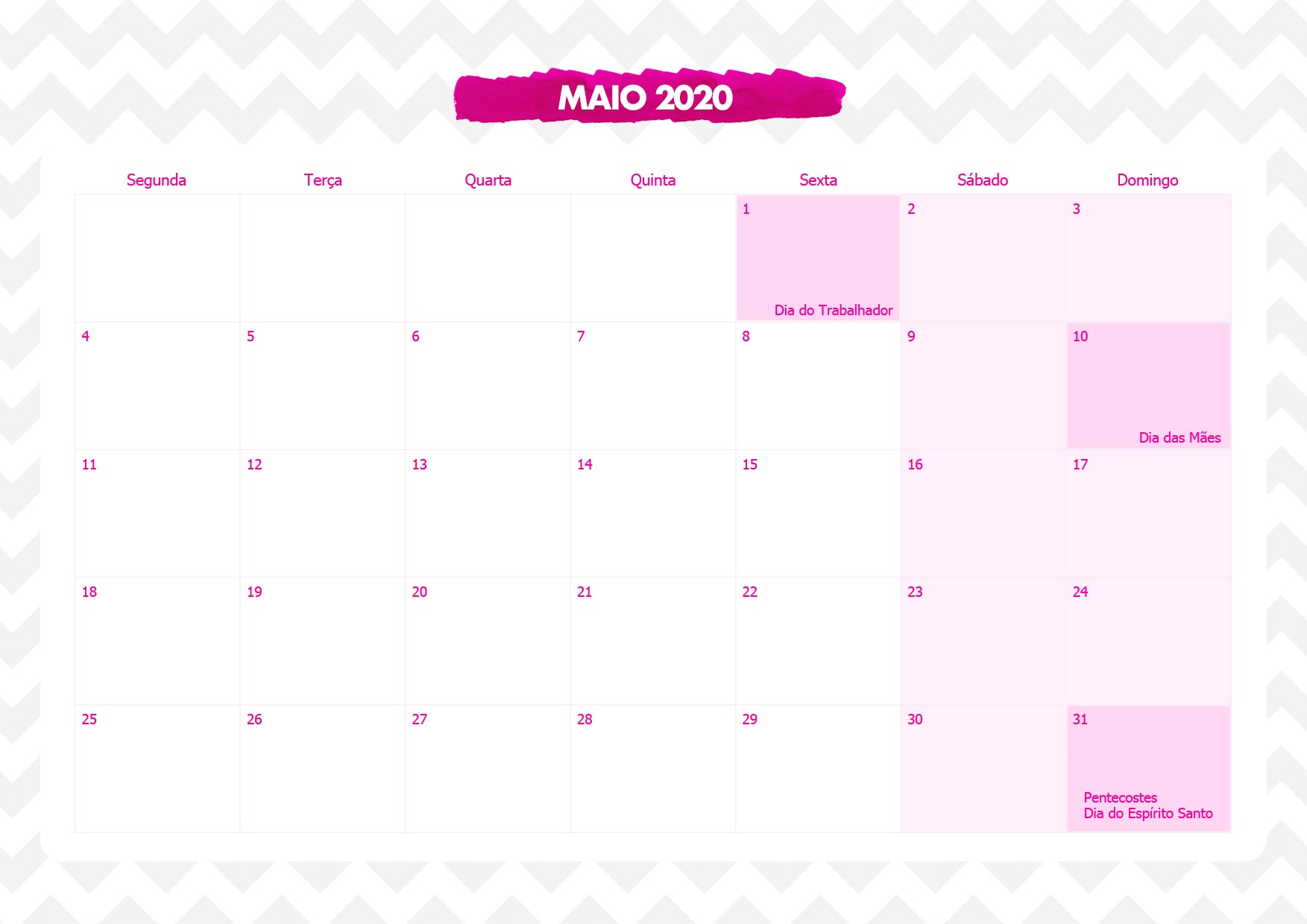 Calendario Mensal Corujinha Rosa Maio 2020