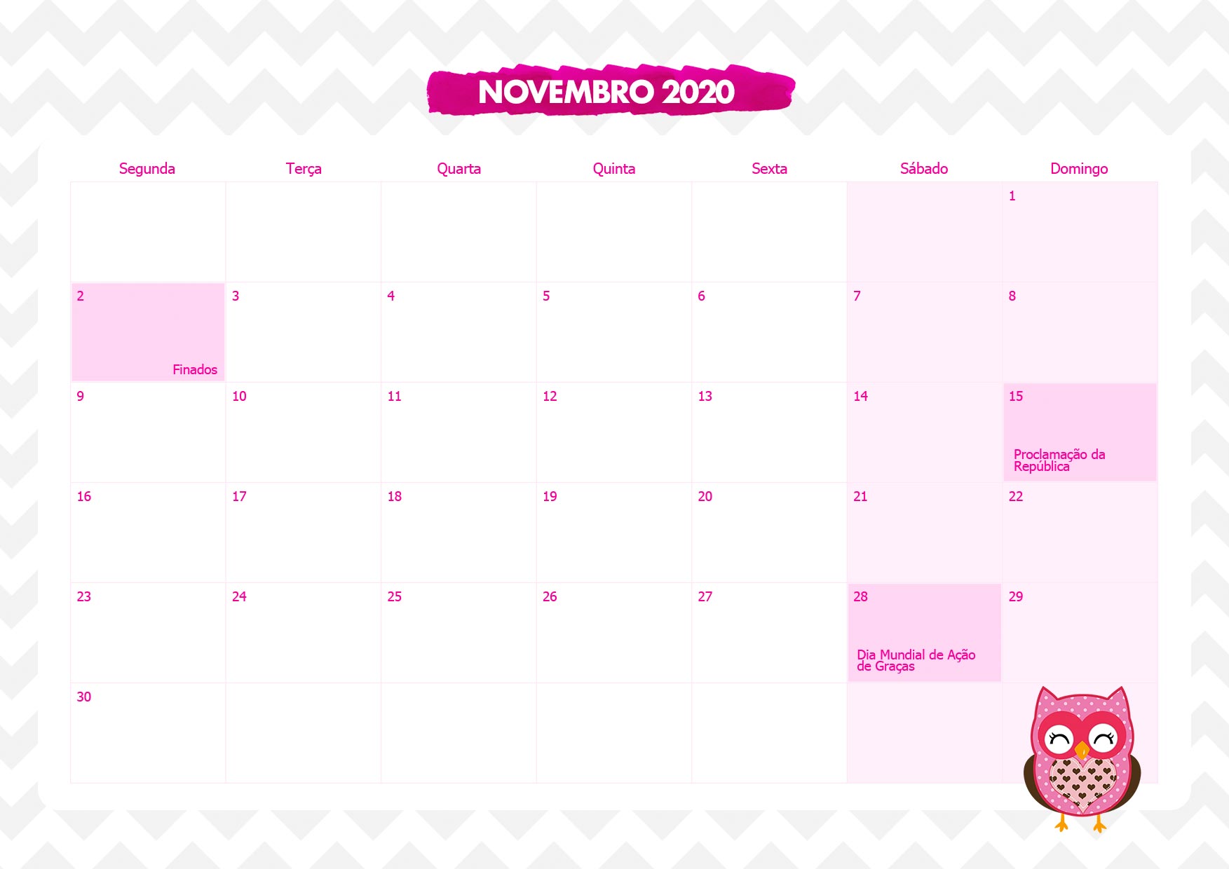 Calendario Mensal Corujinha Rosa Novembro 2020