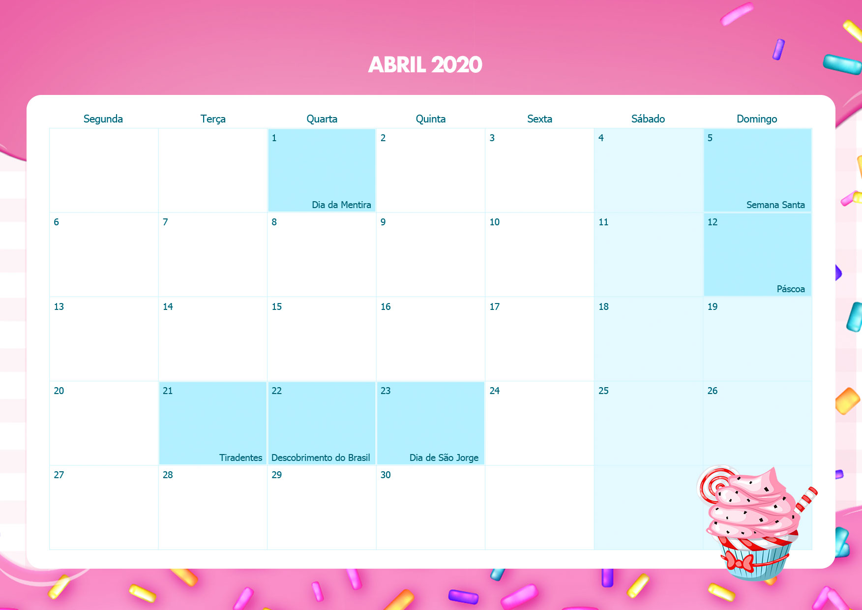 Calendario Mensal Cupcake Abril 2020