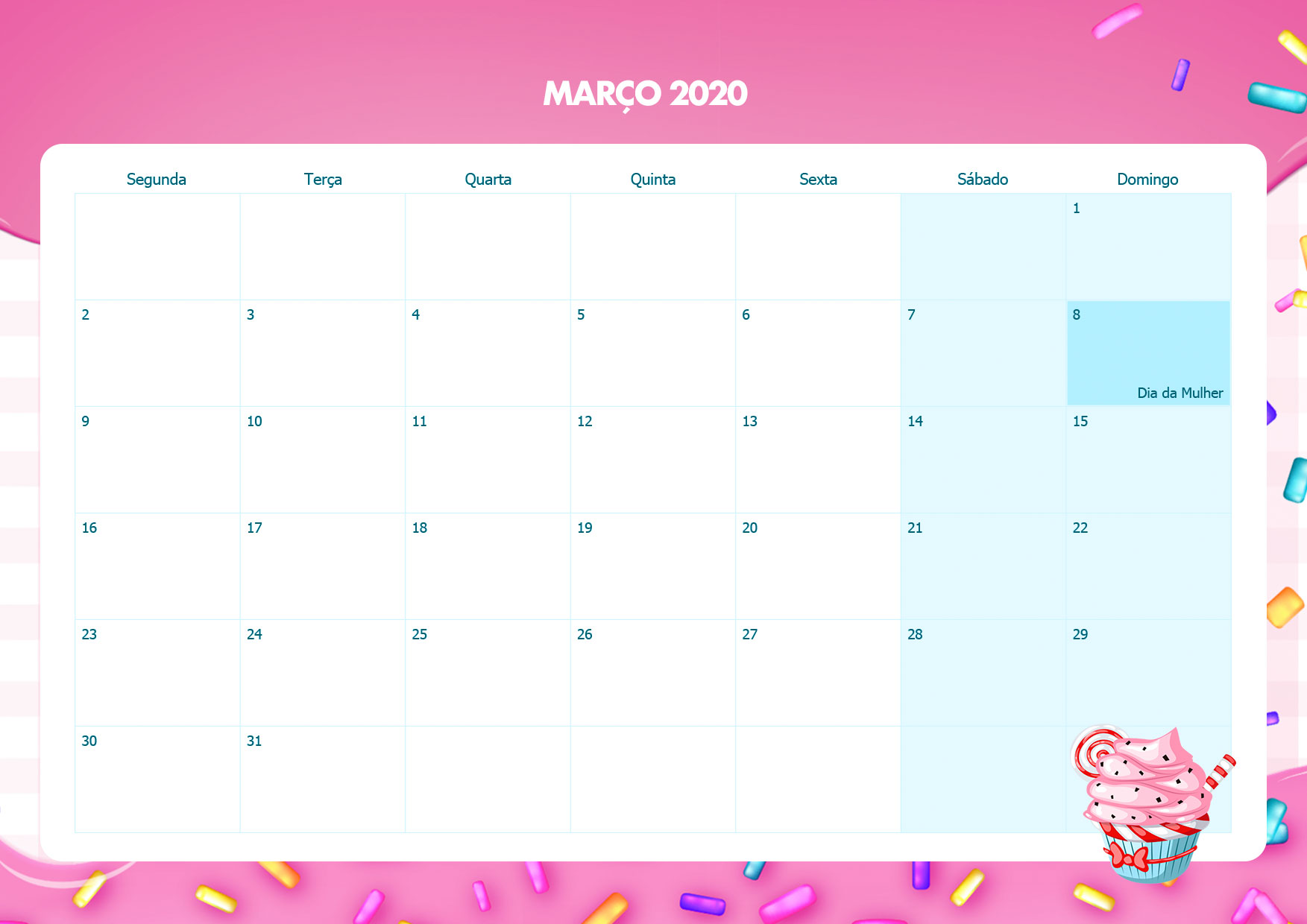 Calendario Mensal Cupcake Marco 2020