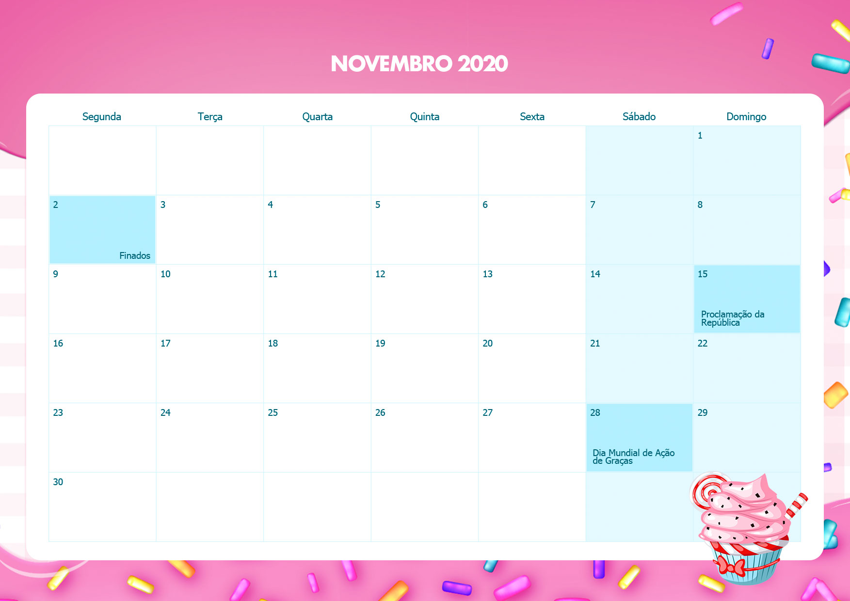 Calendario Mensal Cupcake Novembro 2020