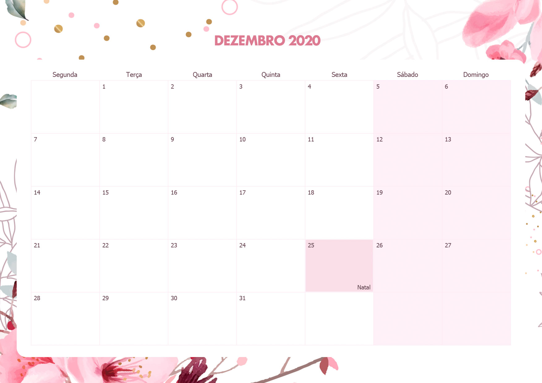 Calendario Mensal Floral Dezembro 2020