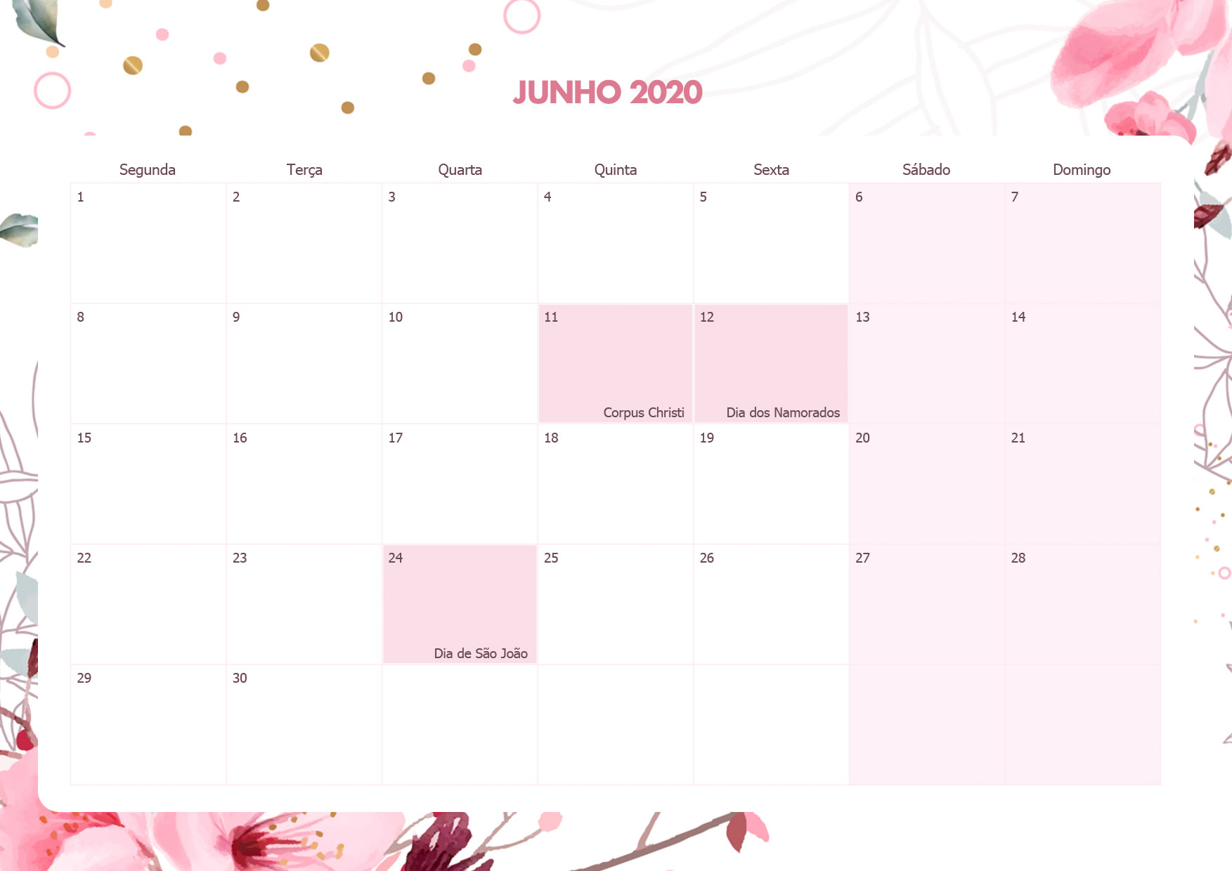 Calendario Mensal Floral Junho 2020