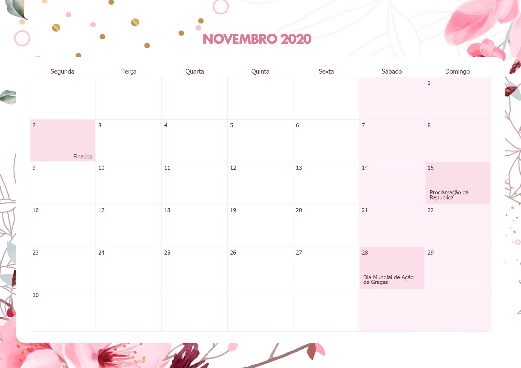Calendario Mensal Floral Novembro 2020