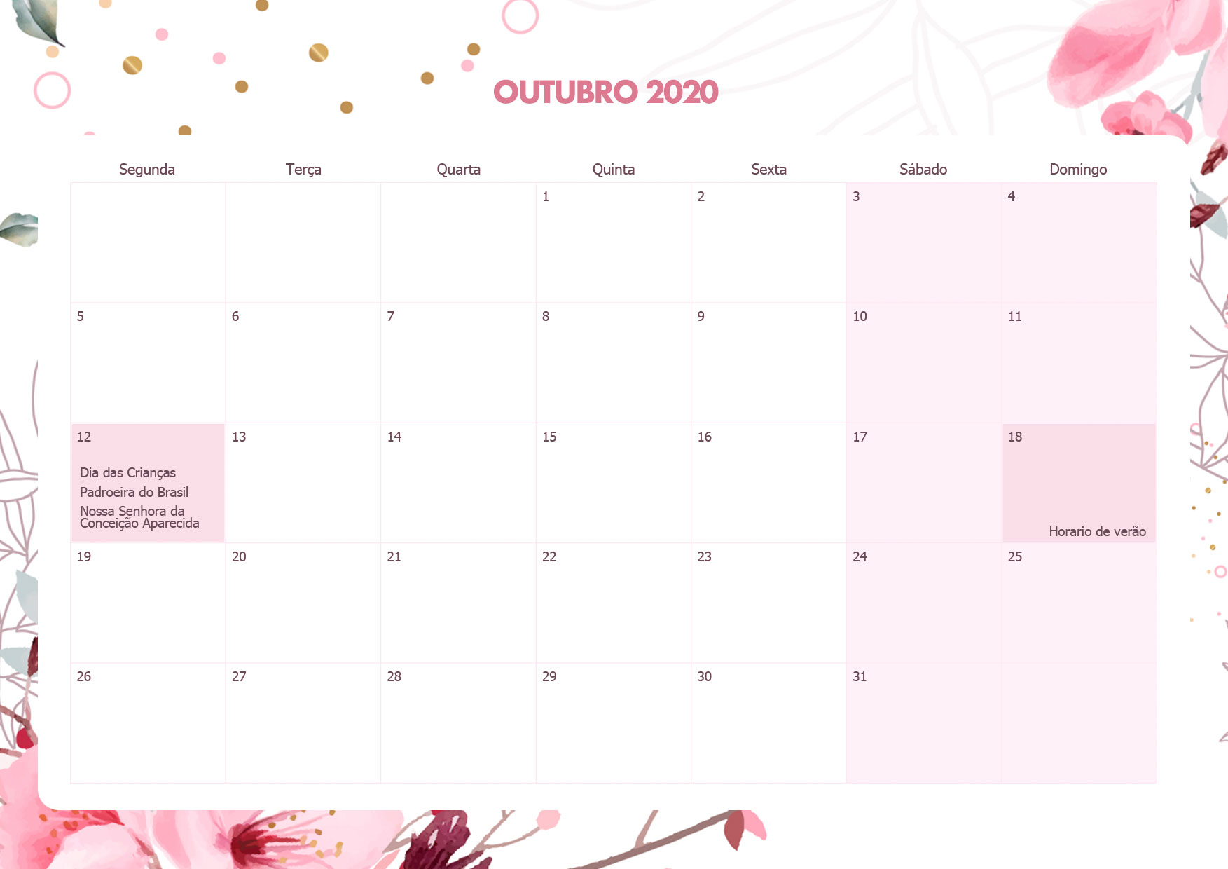 Calendario Mensal Floral Outubro 2020