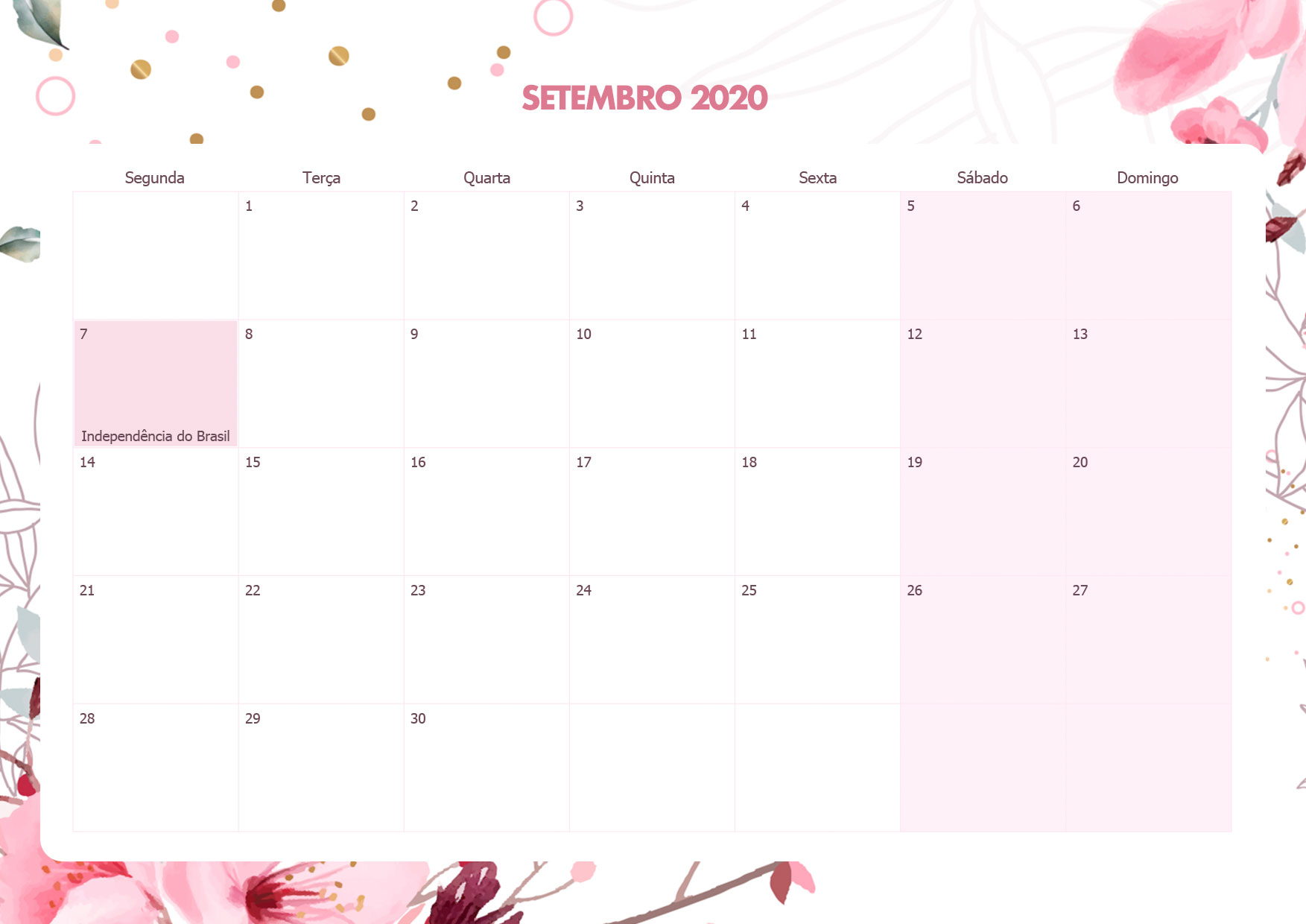 Calendario Mensal Floral Setembro 2020