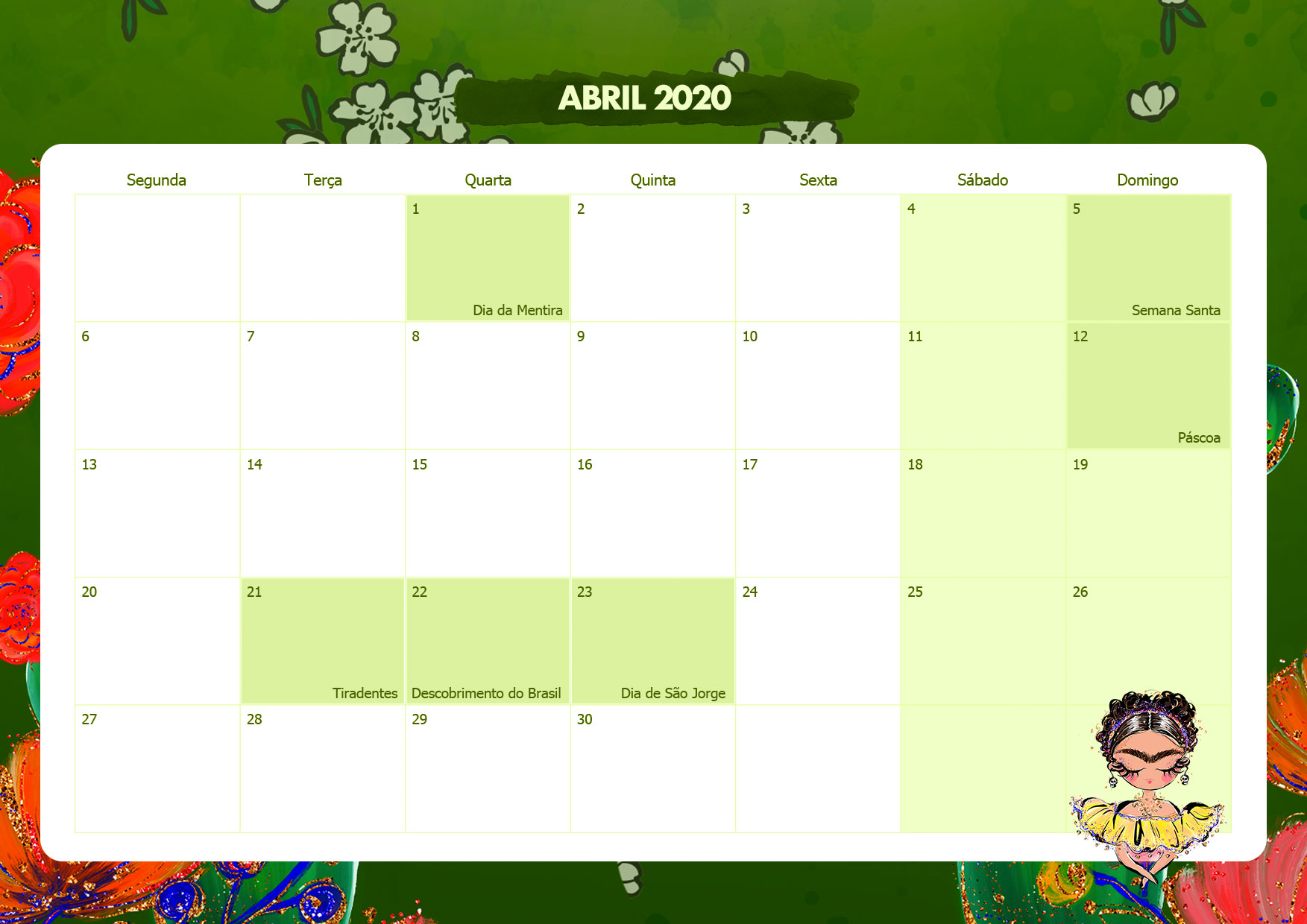 Calendario Mensal Frida Kahlo Abril 2020