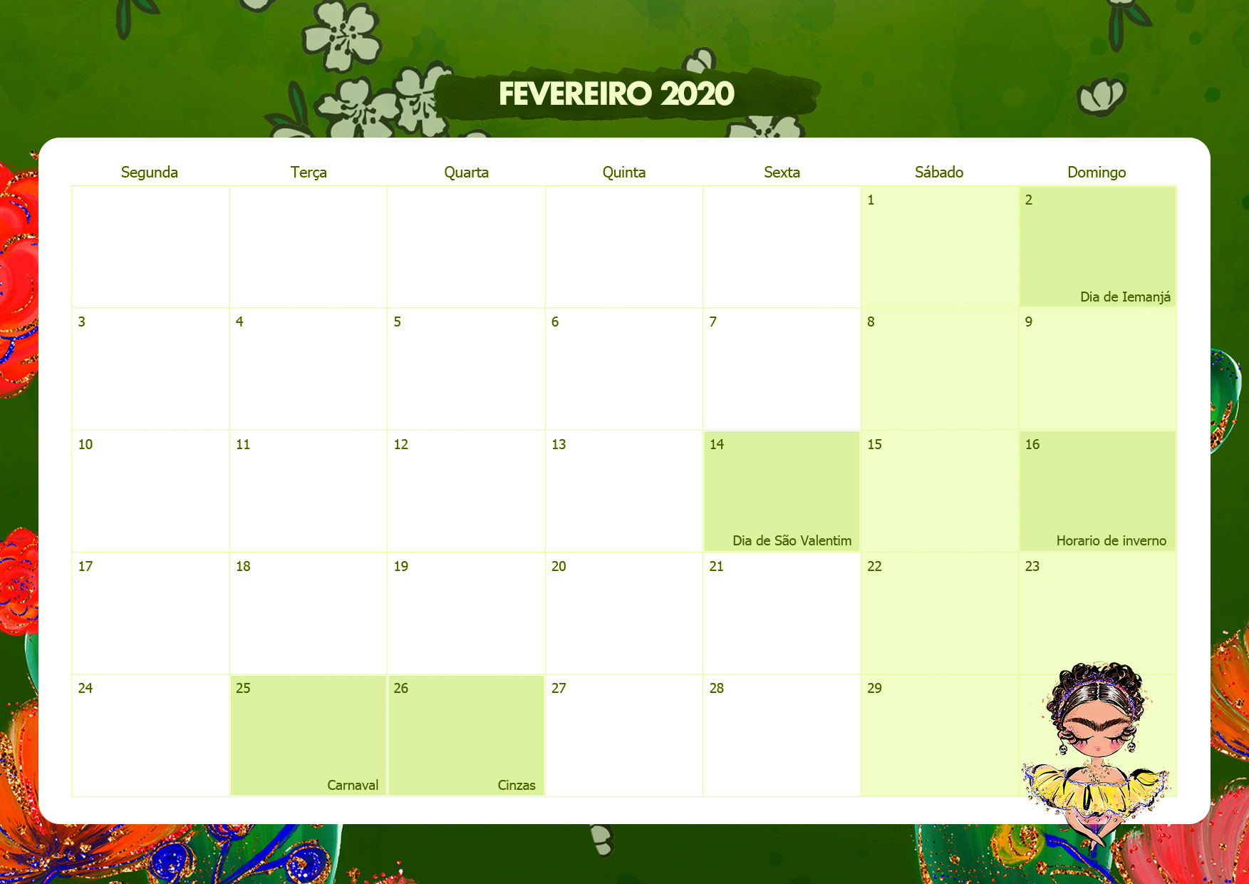 Calendario Mensal Frida Kahlo Fevereiro 2020